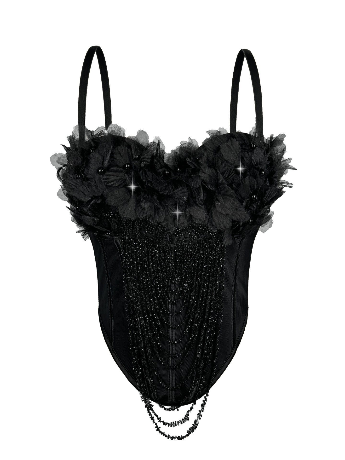 Arrivée Gilet à bretelles à pompons floraux fait main, caraco tube dos nu sexy, vêtement d'extérieur, corset baleiné, corset modelant le corps.