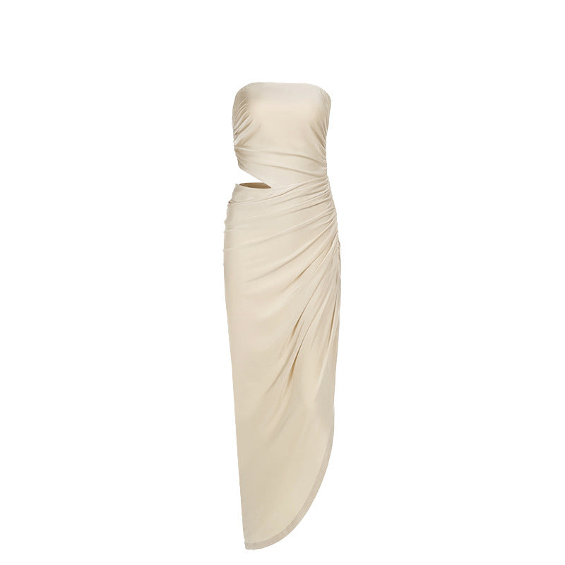 Robe longue de printemps élégante moulante bustier évidée plissée