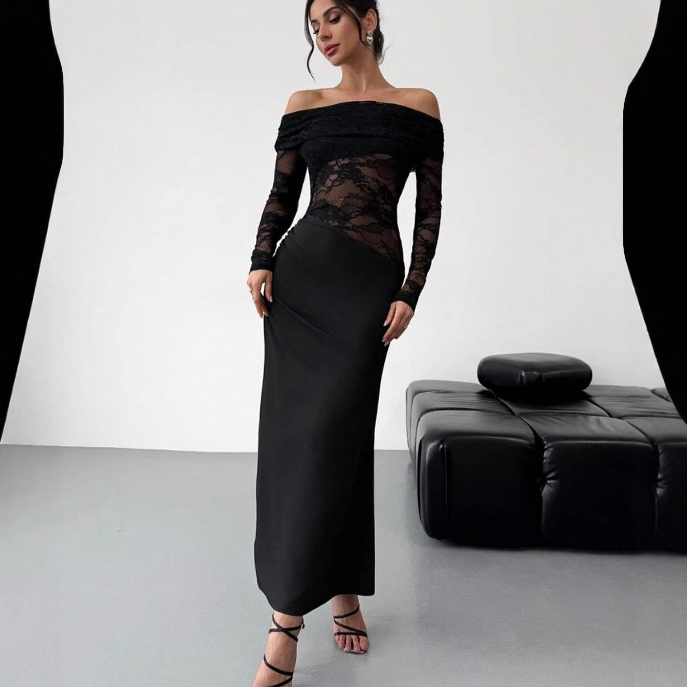 Robe longue maxi découpée à épaules dénudées en dentelle pour femme, coupe moulante sexy à manches longues, vêtement d'été de haute qualité