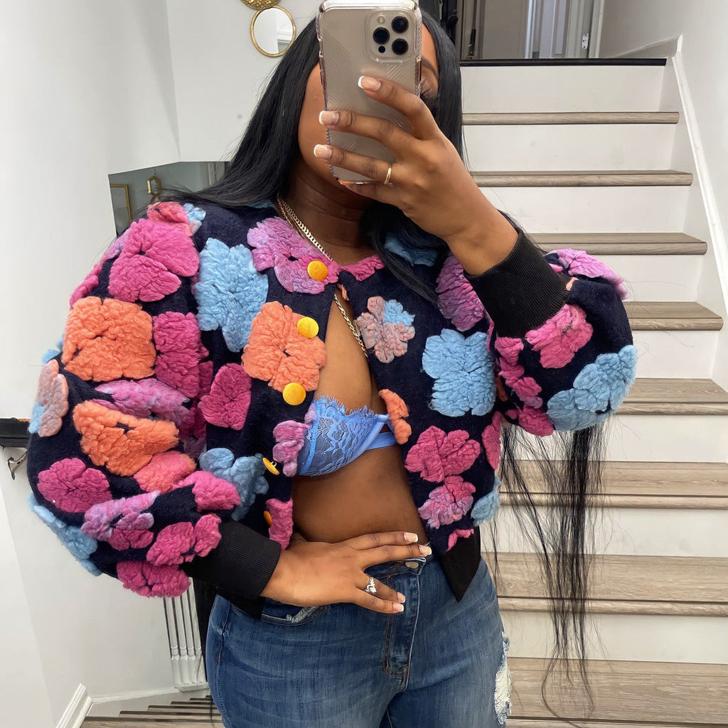 Cardigan court ample boutonné à motif floral tridimensionnel rétro pour femme - Collection Automne Hiver - Tendance Femme Rose 3D