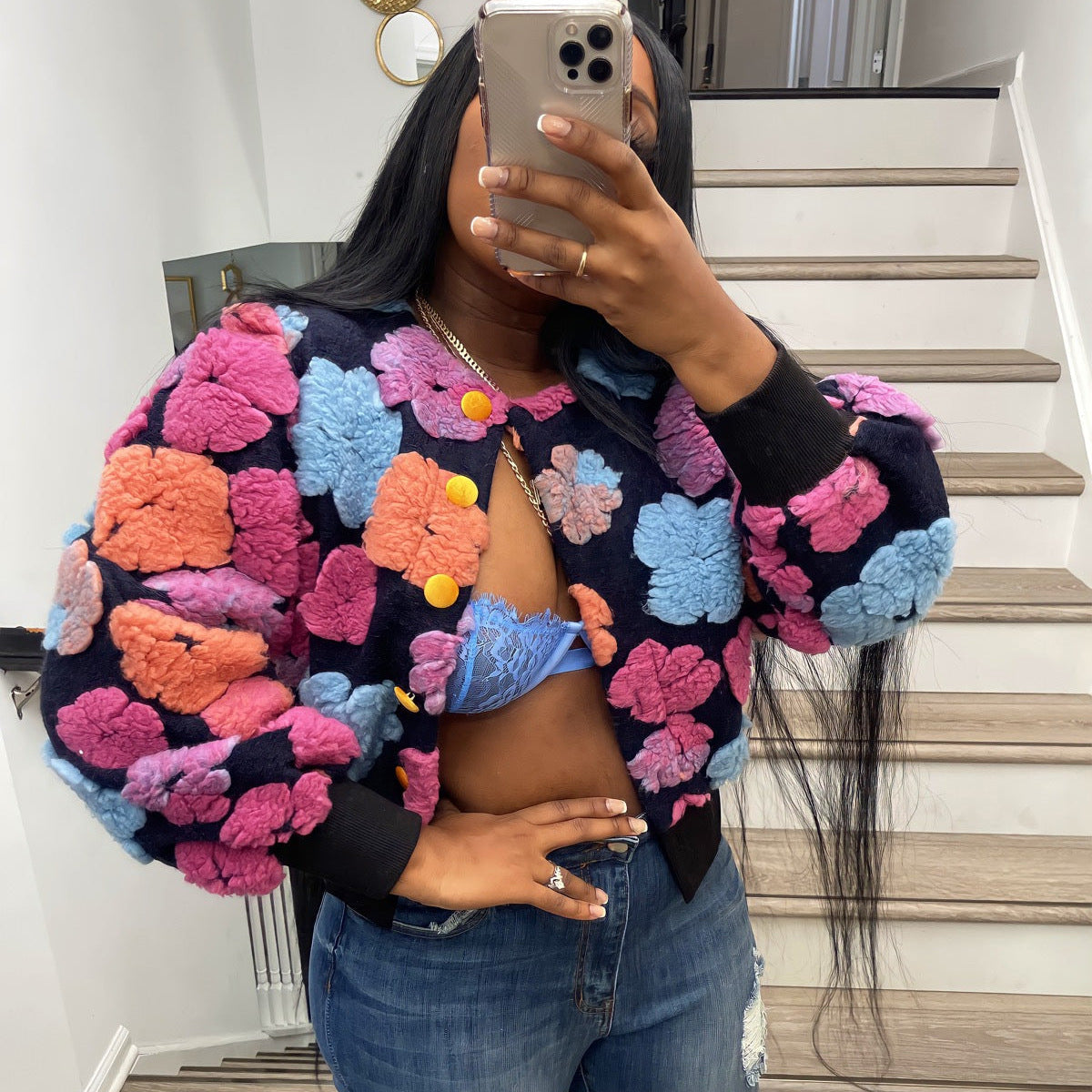 Cardigan court ample boutonné à motif floral tridimensionnel rétro pour femme - Collection Automne Hiver - Tendance Femme Rose 3D