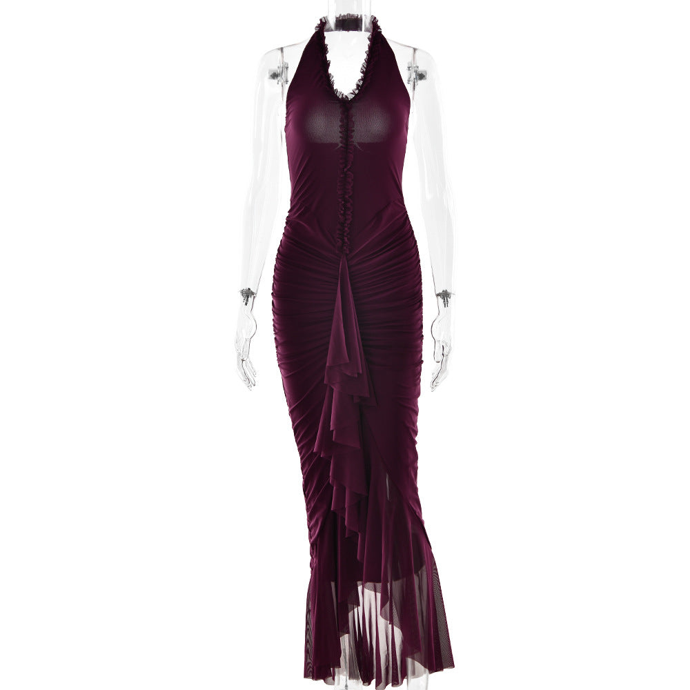 Nouvelle Robe Sexy Halter Plongée Profonde en V avec Volants et Fente Plissée pour l'Été