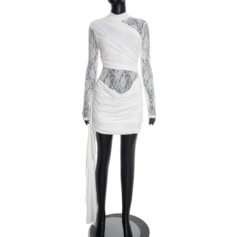 Damenbekleidung Herbst Winter Einfarbiges genähtes Spitzen-Rundhals-Kleid mit schlanker Passform, langen Ärmeln und Schleife