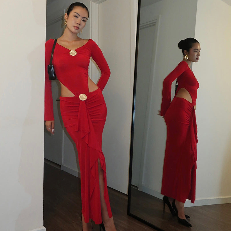 Ensemble deux pièces de soirée pour femme, combinaison pantalon longue élégante avec jupe fendue, jupe longue, dos nu et découpes
