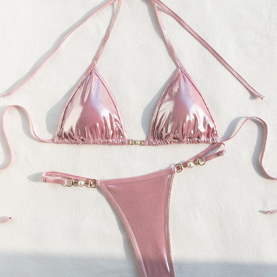 Maillot de Bain Femme Deux Pièces Sexy Dos Nu Ornement Laçage Bikini Triangle