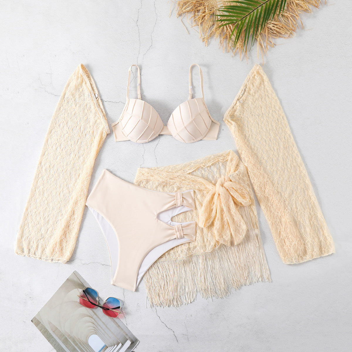 Bikini dreiteilig langärmelig Quasten sexy geteilter Badeanzug Damen Bikini