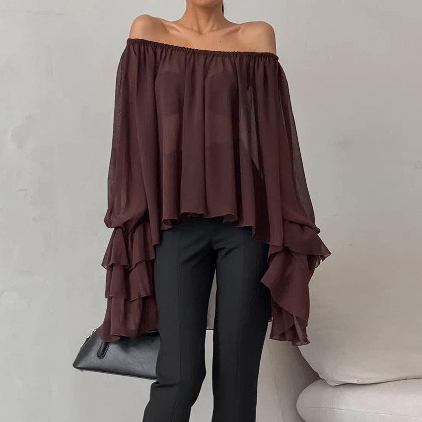 Herbst Winter Retro Elegant U-Boot-Ausschnitt Braun Chiffon Lockere Sexye Off-Shoulder-Oberteil Rüschenbluse