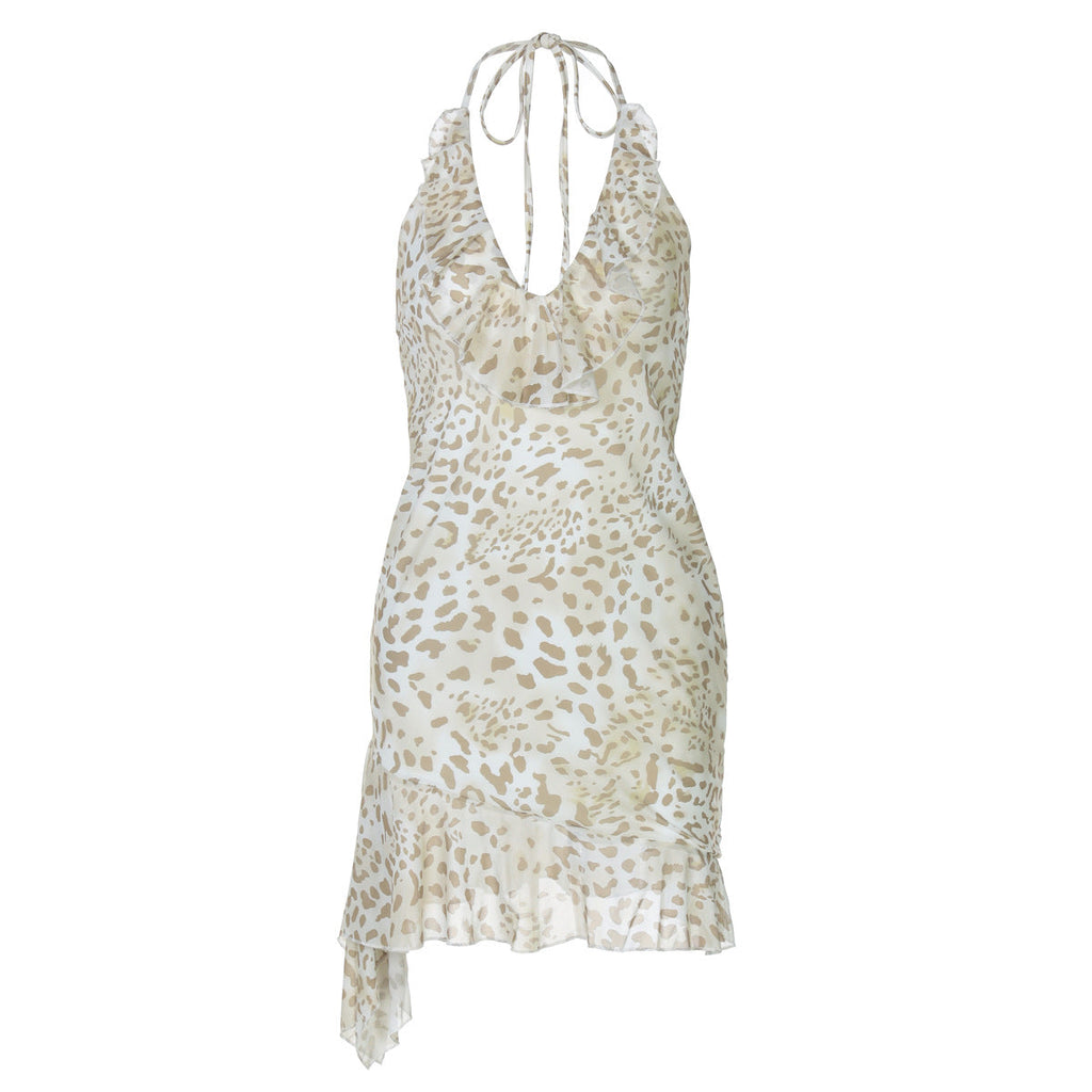 Robe Femme Bretelle Col Licou Imprimé Léopard Sexy Moulante Décolleté Plongeant Col V Profond Effet Oreilles de Bois pour l'été