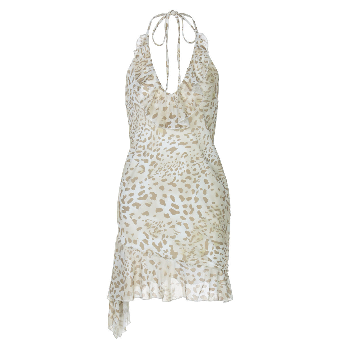 Robe Femme Bretelle Col Licou Imprimé Léopard Sexy Moulante Décolleté Plongeant Col V Profond Effet Oreilles de Bois pour l'été