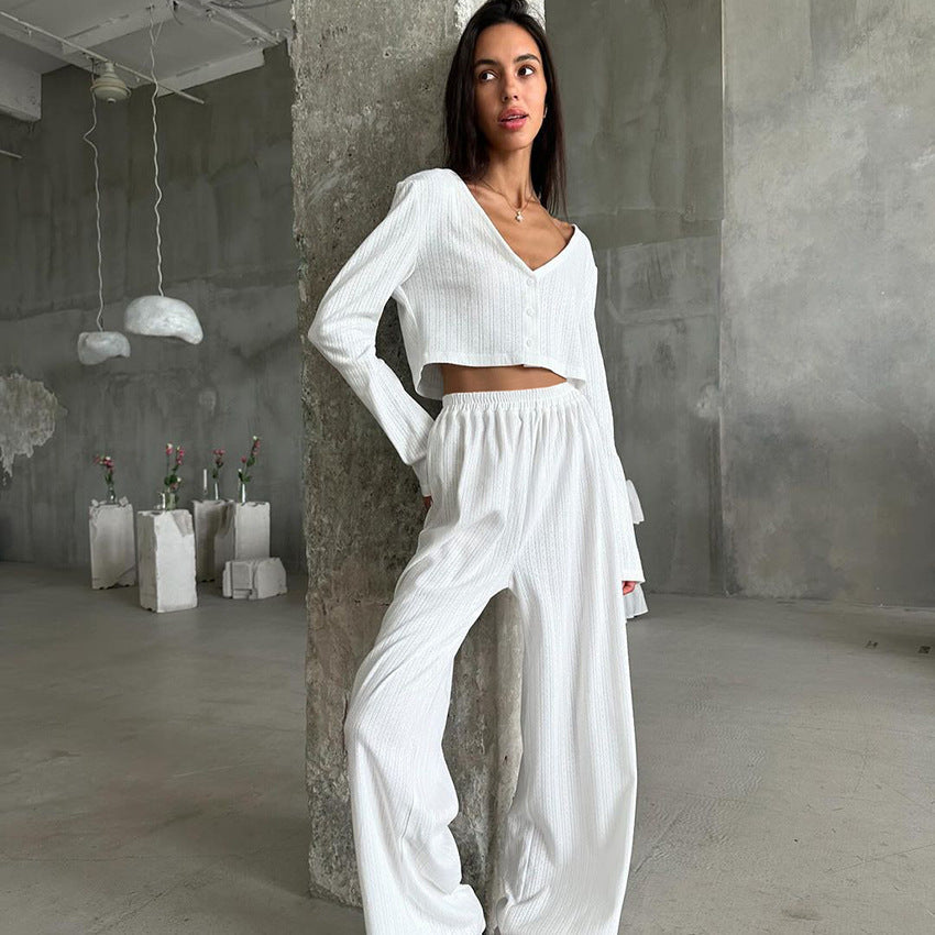 Herbst Winter Weißer Strickstoff Jacquard Homewear Langarm Cropped Hose Zweiteiliger Weicher Pyjama