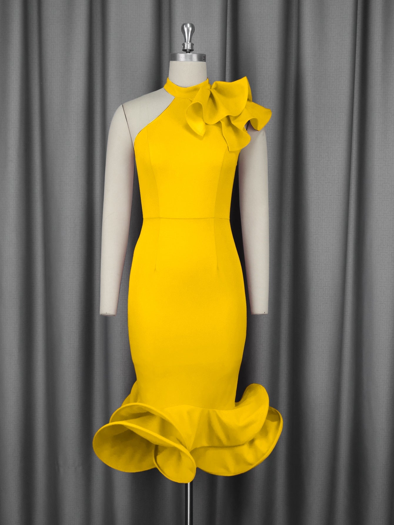 Elegantes Half Turtleneck Volantkleid schulterfrei mit Rüschensaum Cocktail Abendkleid