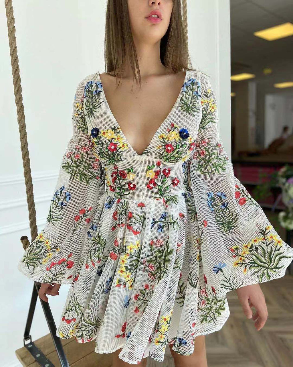 Robe Féerique d'été pour Femme, en Maille Brodée, Manches Lanterne, Robe de Soirée d'Anniversaire