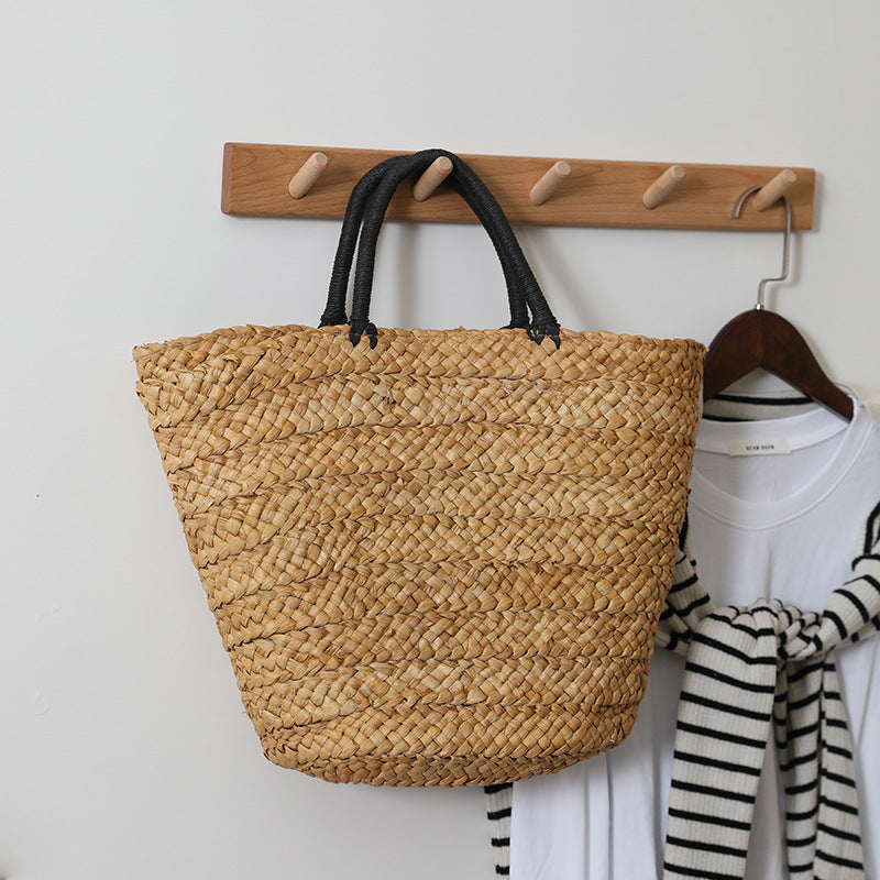 Grand sac de paille Grande capacité Sac de plage pour femmes en herbe naturelle tissée à la main simple et portable