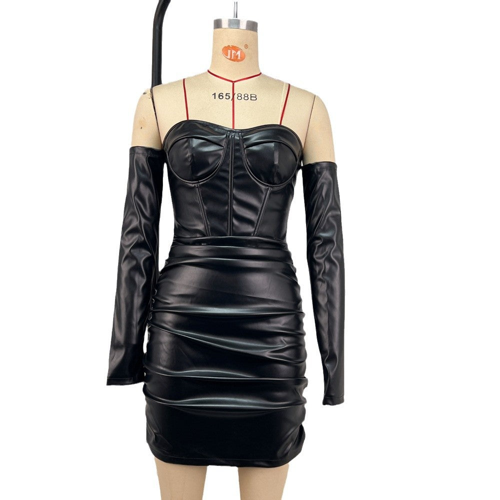 Robe Tube Moulante à Bretelles Printemps Été Sexy Épaules Dénudées Plissée Cuir Baleines Corset Taille Ajustée