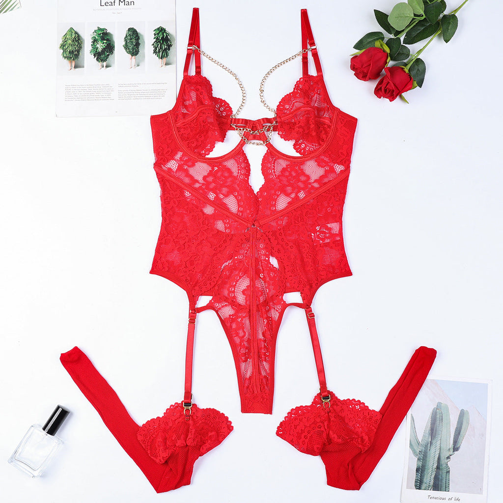Rote Spitze Damen Kleidung Sexy Tiefer V-Ausschnitt Metallkette Brust Ausgehöhlt Cut-out Sexy Bustiers