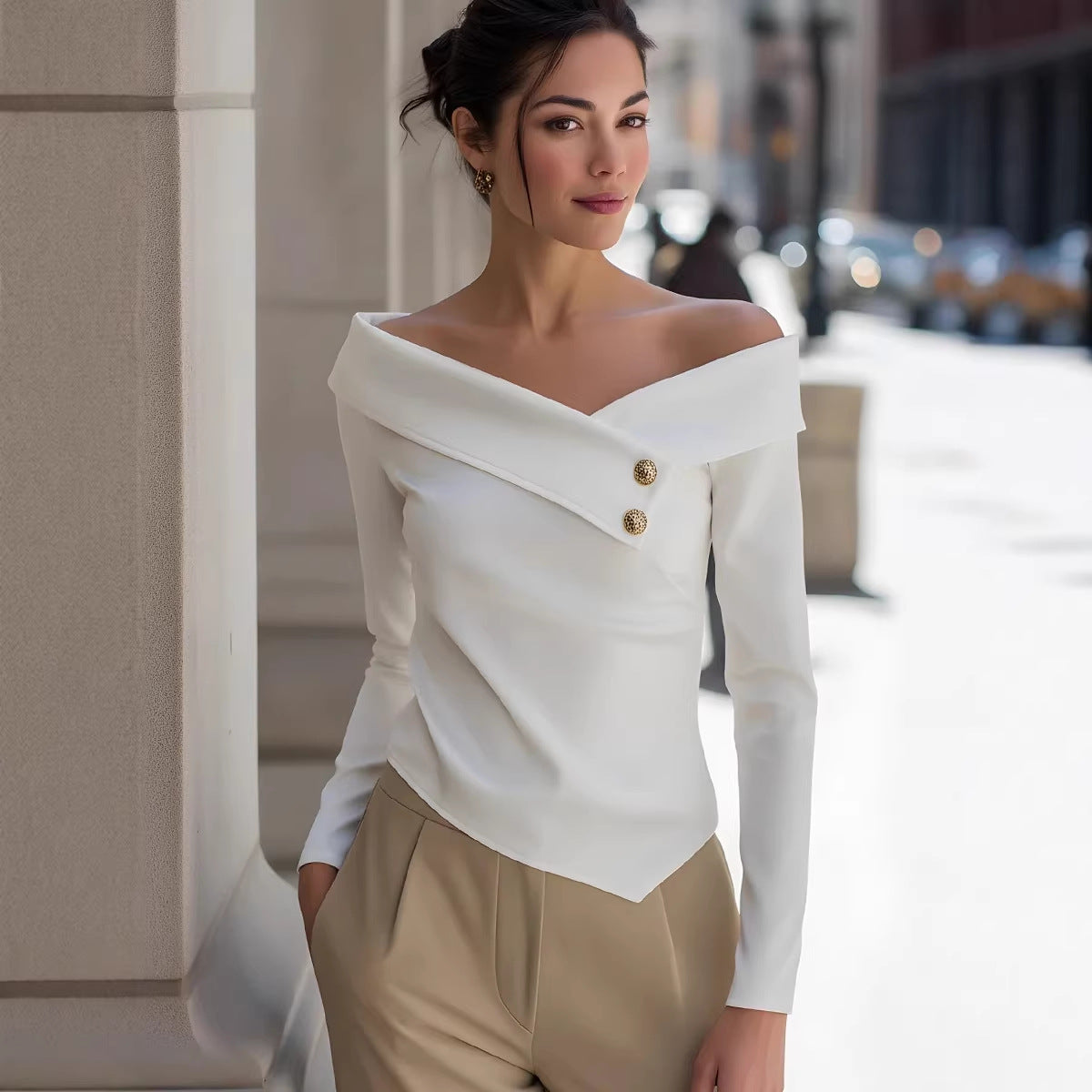 Vêtements Femme Printemps Automne Élégant Gracieux Épaules Dénudées Manches Longues Couleur Unie