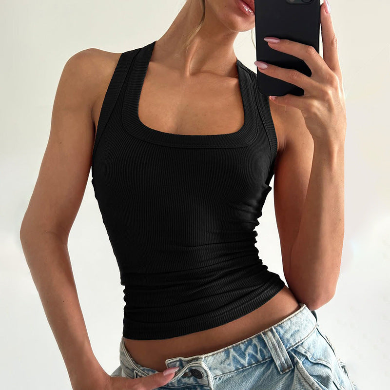 Damenbekleidung Sommer Sexy U-Ausschnitt Einfarbig Schmal Geschnitten I-Form Kurzes Top für Damen