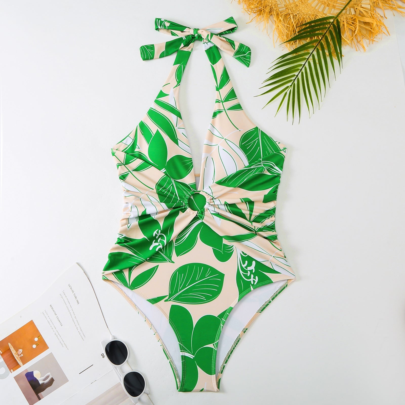 Maillot de bain une pièce amincissant rétro pour femme, motif imprimé vert, robe en mousseline.