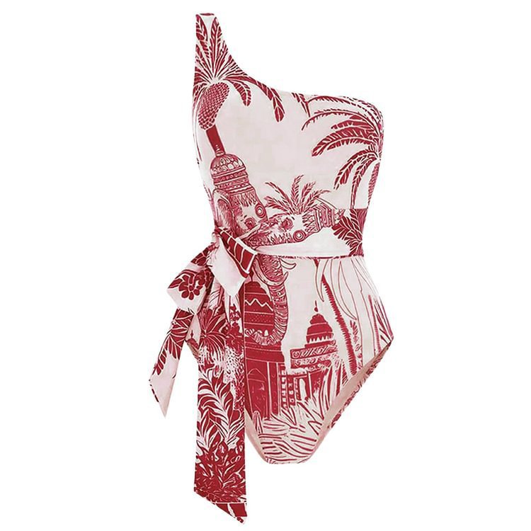 Slant Shoulder Slimming Printed Belt One Piece Swimsuit Women Clothing