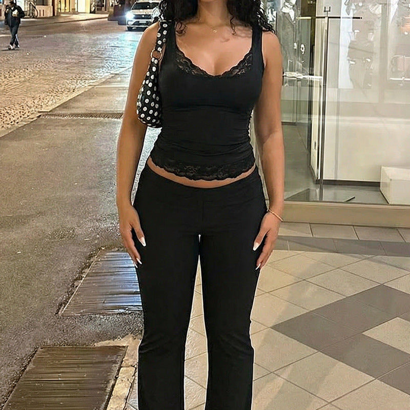 Haut gilet court sexy en dentelle de couleur unie pour femme