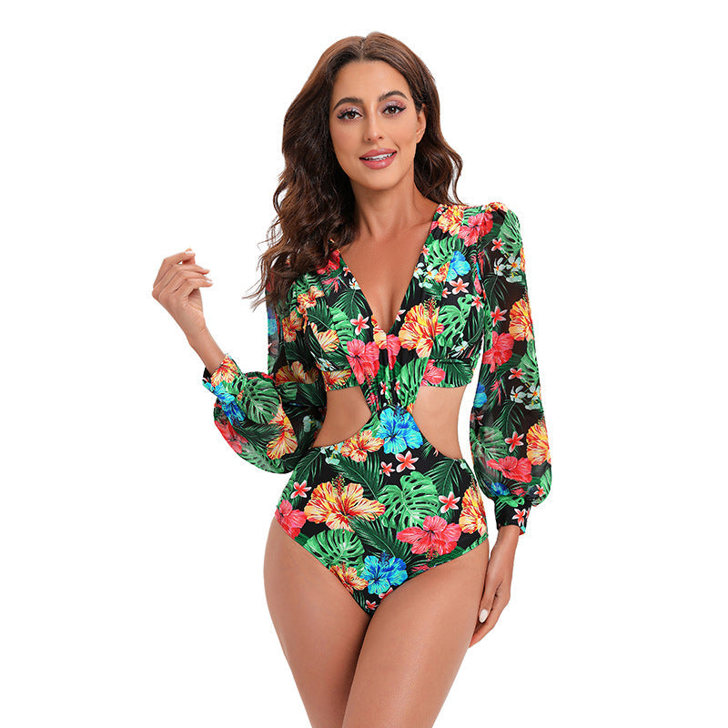 Maillot de bain une pièce à manches longues et dos nu, taille haute, décolleté en V noué pour femme