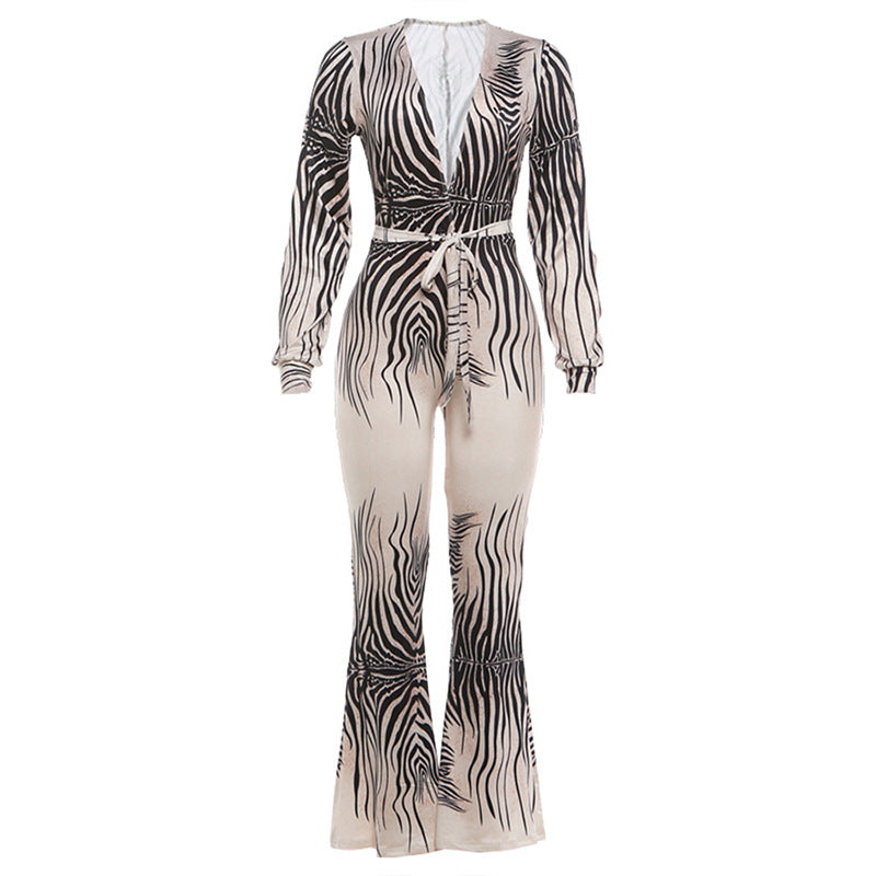 Sexy Jumpsuit mit tiefem V-Ausschnitt, Carmen-Oberteil und Bootcut-Hose mit hoher Taille
