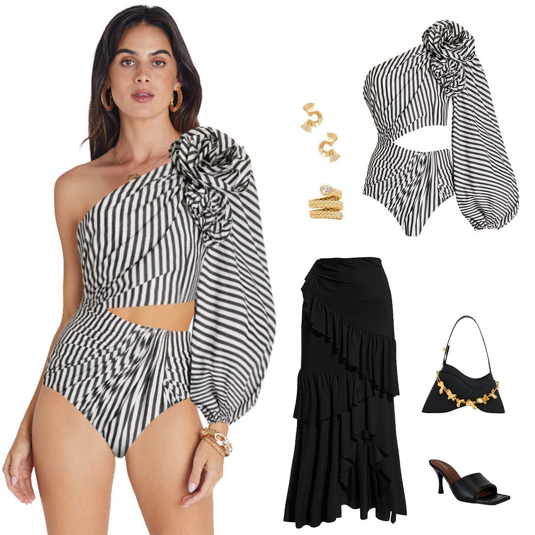 Maillot de bain une pièce sexy pour femme, plissé, à volants, rayé, bikini, robe longue en maille