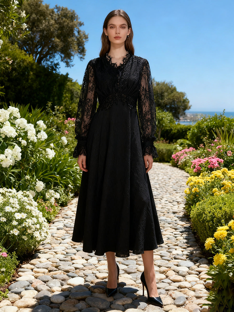 Spitzen-Langarm-Elegantes Kleid Herbst Hoher Sinn V-Ausschnitt Tailliertes Schlankheitskleid Damen