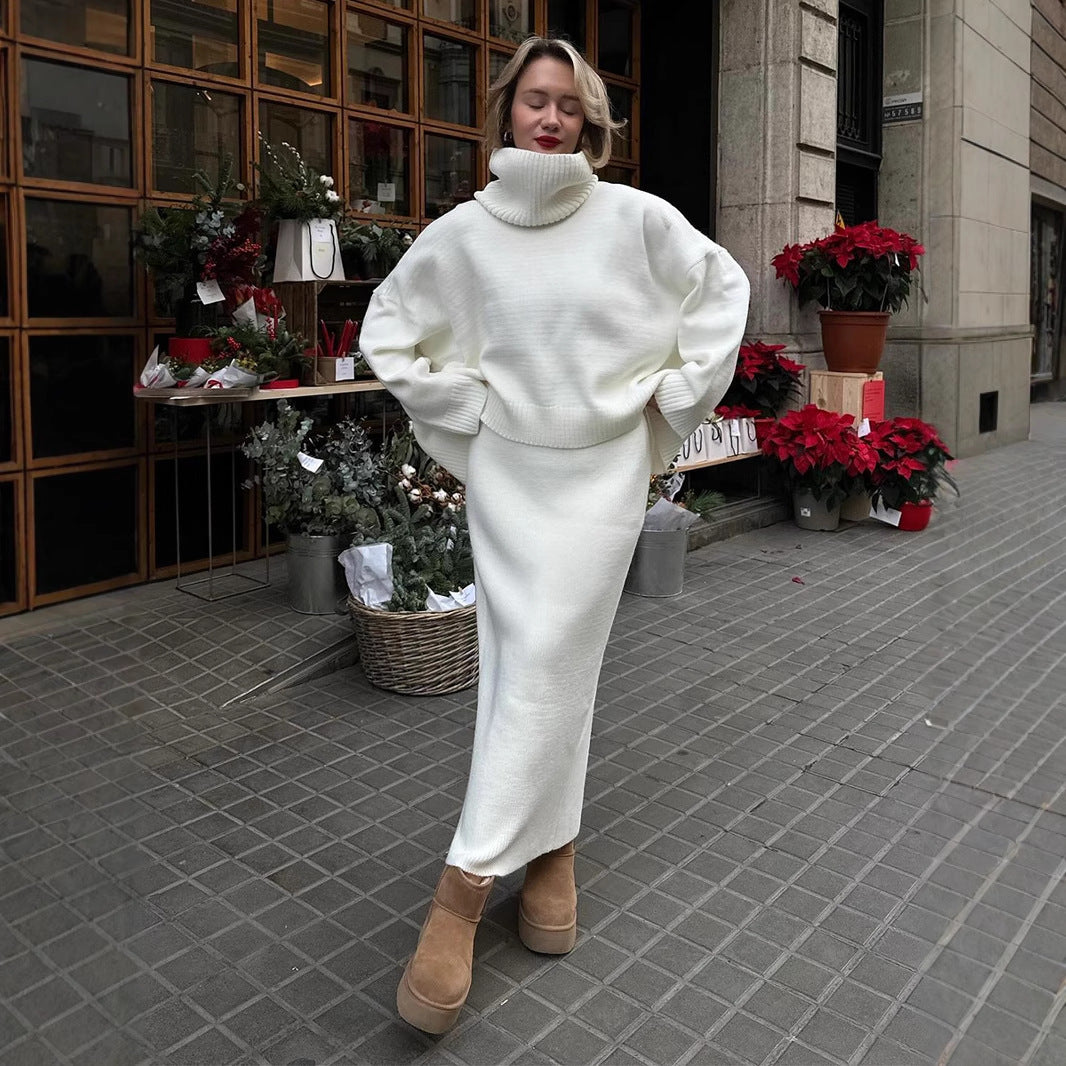 Rollkragenpullover Rock Set Damen Herbst Winter Loose Strick Zweiteiliges Pullover Set Damen