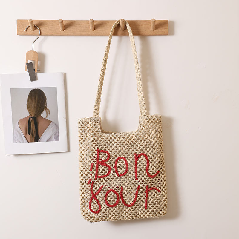 Sac en paille à broderie graphique avec lettres, sac en paille ajouré à découpes, sac tissé, sac de plage pour les vacances, sac pour femme