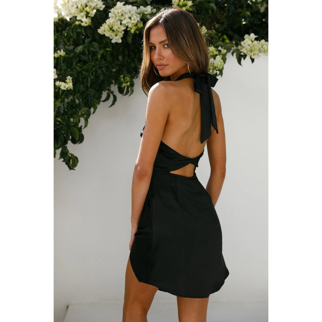Damenbekleidung Solides Satin-Neckholder-Rückenfreies Schlitz-Minikleid Abendkleid