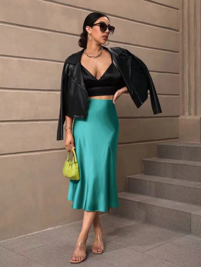 Eng anliegender Fishtail-Rock aus Satin, mittellanger Rock, Herbstkleidung für Damen, Direktversand