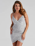 Damenkleidung Party Pailletten Sexy Sling Tiefer V-Ausschnitt Wickelkleid