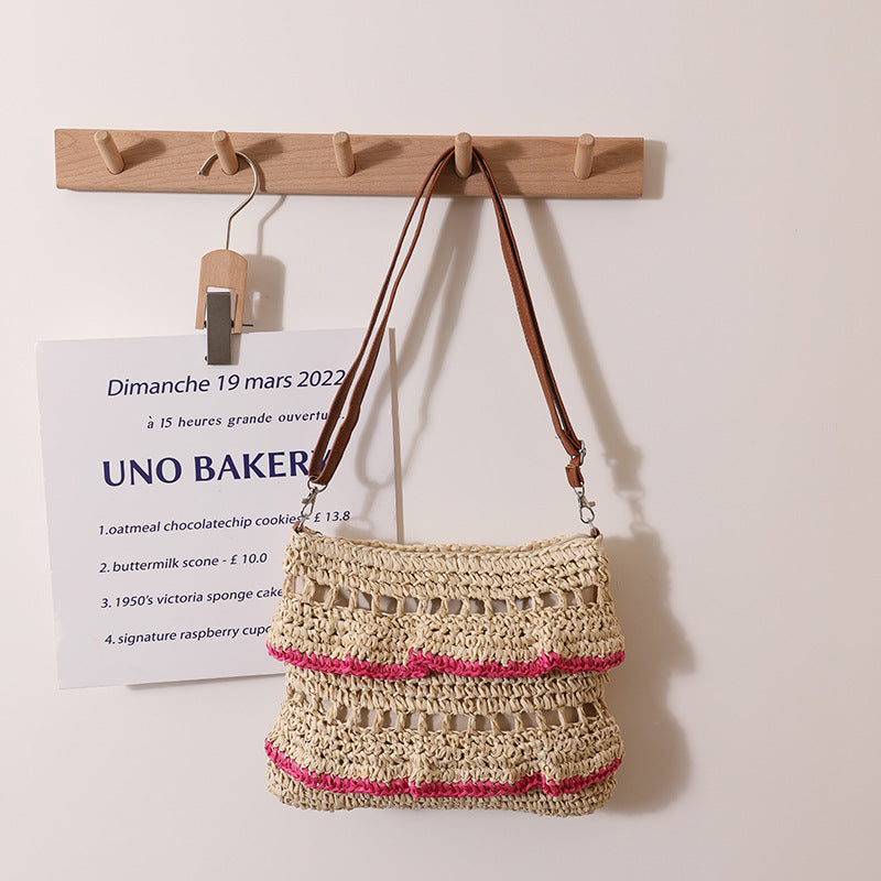 Sac en paille en dentelle à bandoulière Volants Été Couleur Sac en paille Sac tissé Vacances à la mer Plage