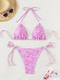 Maillot de bain bikini sexy avec nœud et lacets à motif floral pour femme