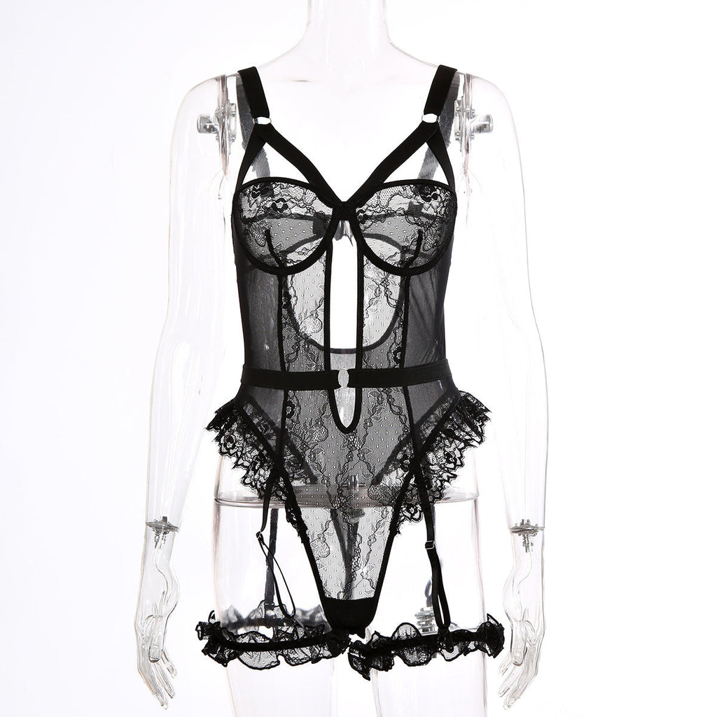 Combinaison Bodysuit Lingerie Sexy en Dentelle à Découpes Transparente avec Anneau de Jambe