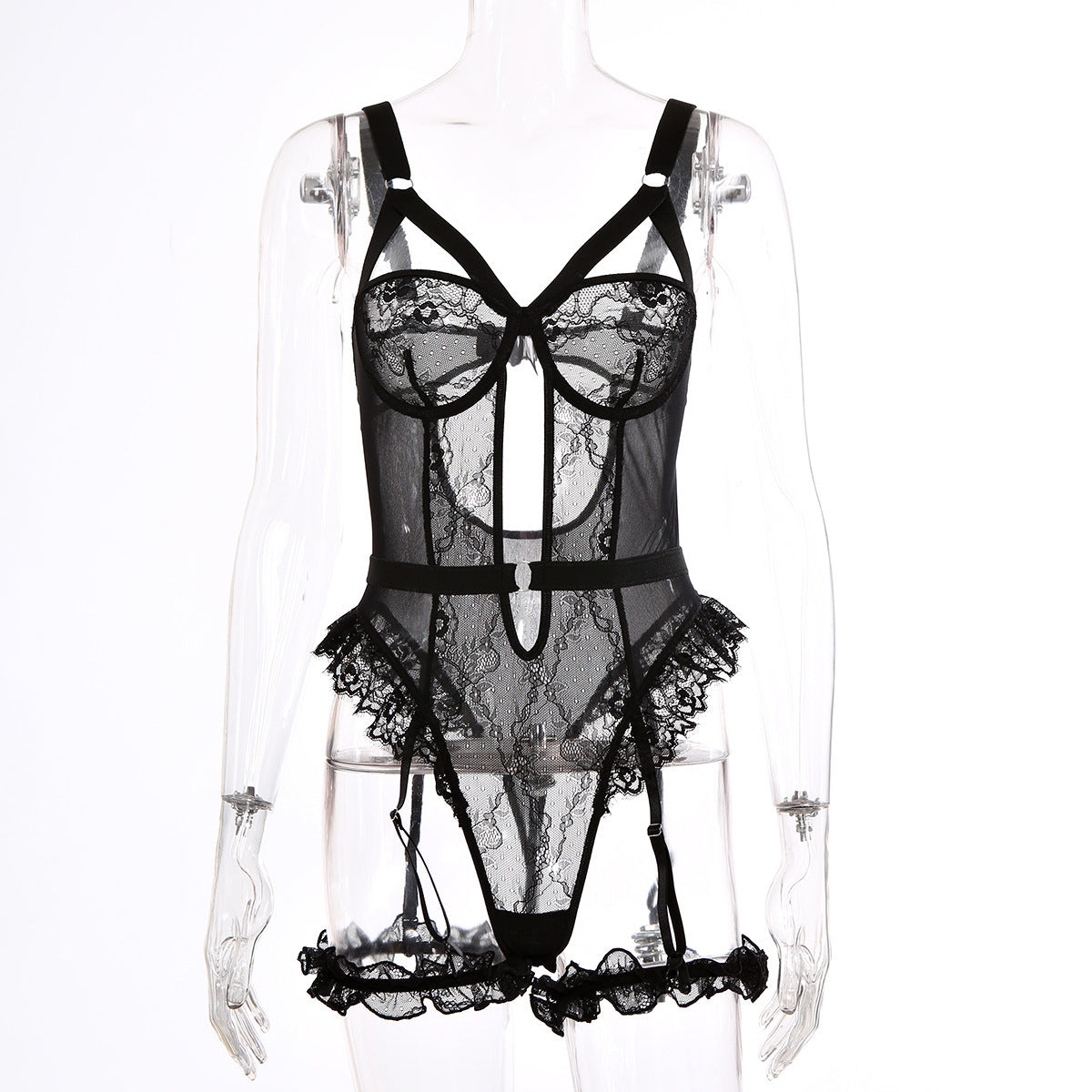 Combinaison Bodysuit Lingerie Sexy en Dentelle à Découpes Transparente avec Anneau de Jambe