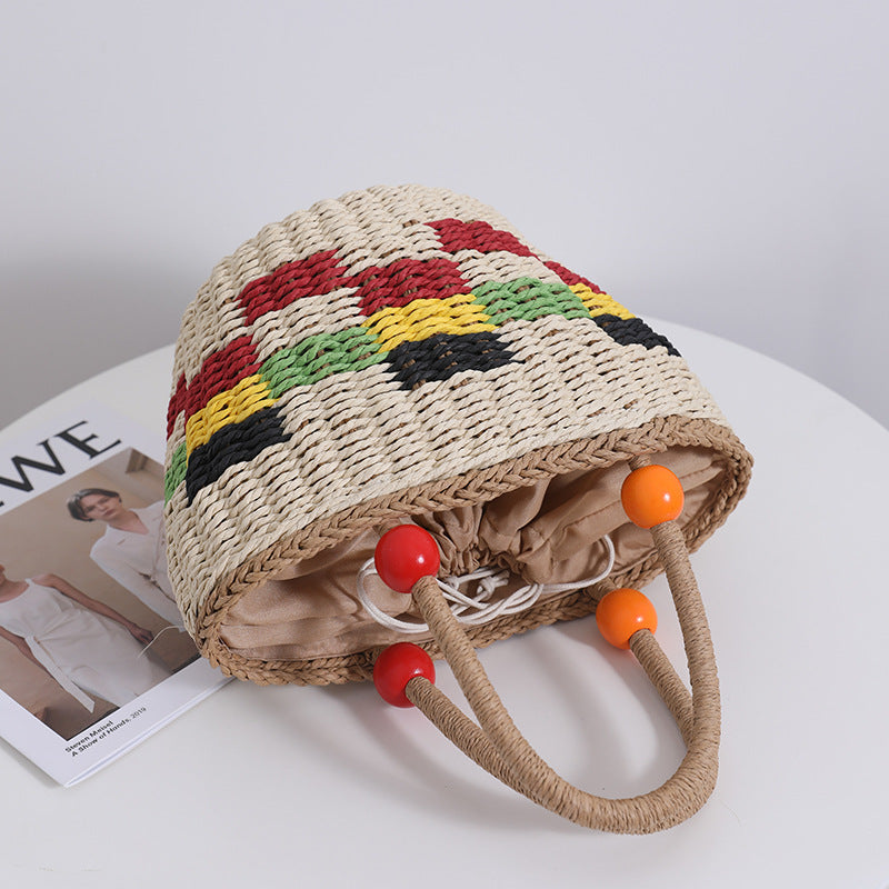 Sac tressé portable en perles de bois mignon, sac tissé à carreaux de couleur fraîche, panier de pique-nique de fruits, sac de plage