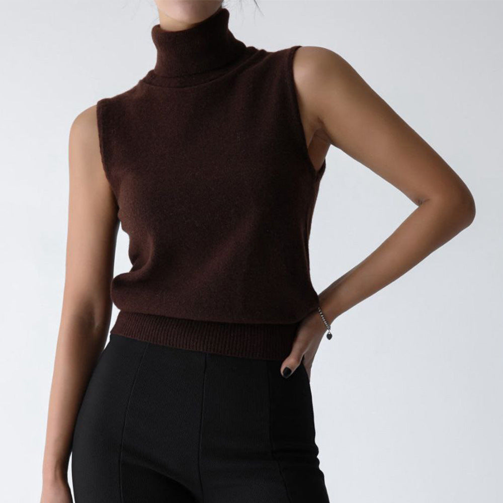 Gestrickte ärmellose Weste Herbst Rollkragen-Weste Pullover Minimalistische Weste Oberteil Damen
