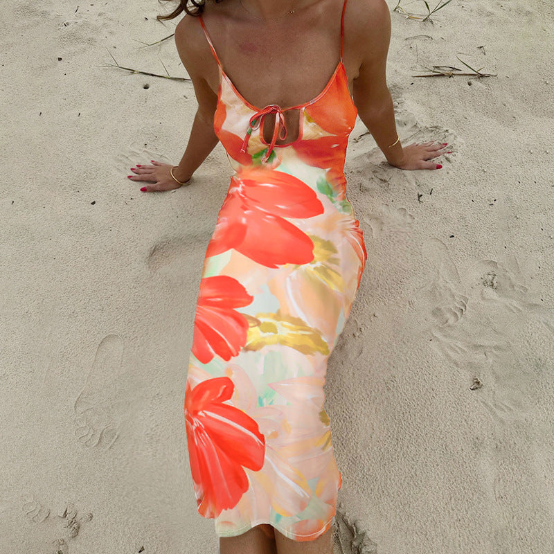 Sexy Straps Hohl-Ausgeschnittenes Bedrucktes Rückenfreies Kleid Damen Urlaub Sexi Kleid