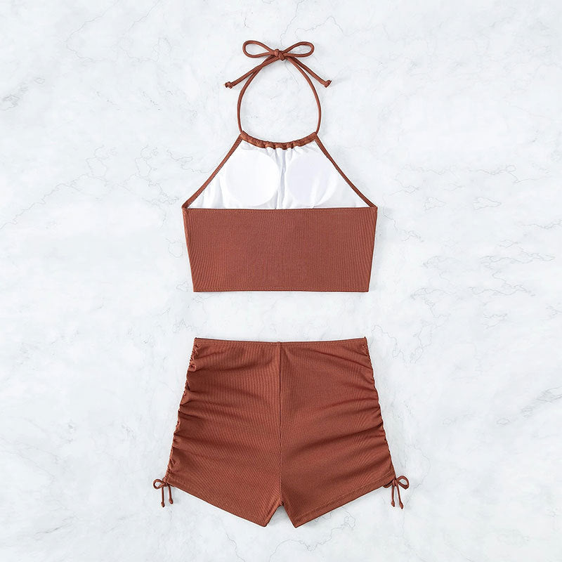 Maillot de bain fendu une pièce de couleur unie pour femmes avec short de sport et bikini de plage