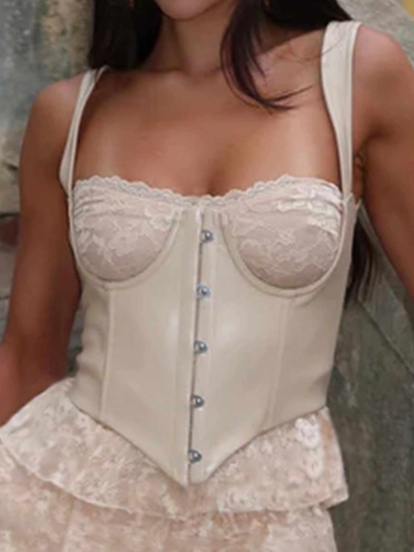 Sexy Leder BH-Träger Spitze Naht Puffärmel Stufenkleid Sommer Set