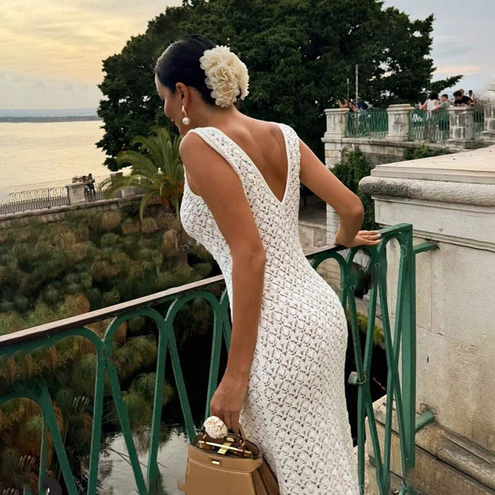 Robe d'été sexy sans manches creuse en maille, robe de plage ajourée, dos nu de haute qualité pour femme