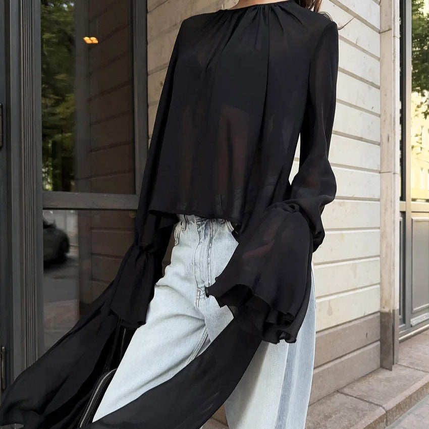 Chemisier en mousseline de soie noir pour femme, maille irrégulière asymétrique, design de niche, col rond, manches à volants, haut à manches longues