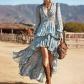 Robe imprimée asymétrique irrégulière à manches longues et col en V pour femmes de printemps