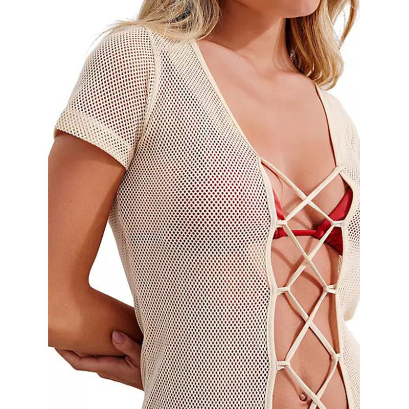 Robe de Plage d'Été Femme Couleur Unie Sexy Creux Découpé Maillot de Bain Bikini Cache-maillot Vêtement de Protection Solaire