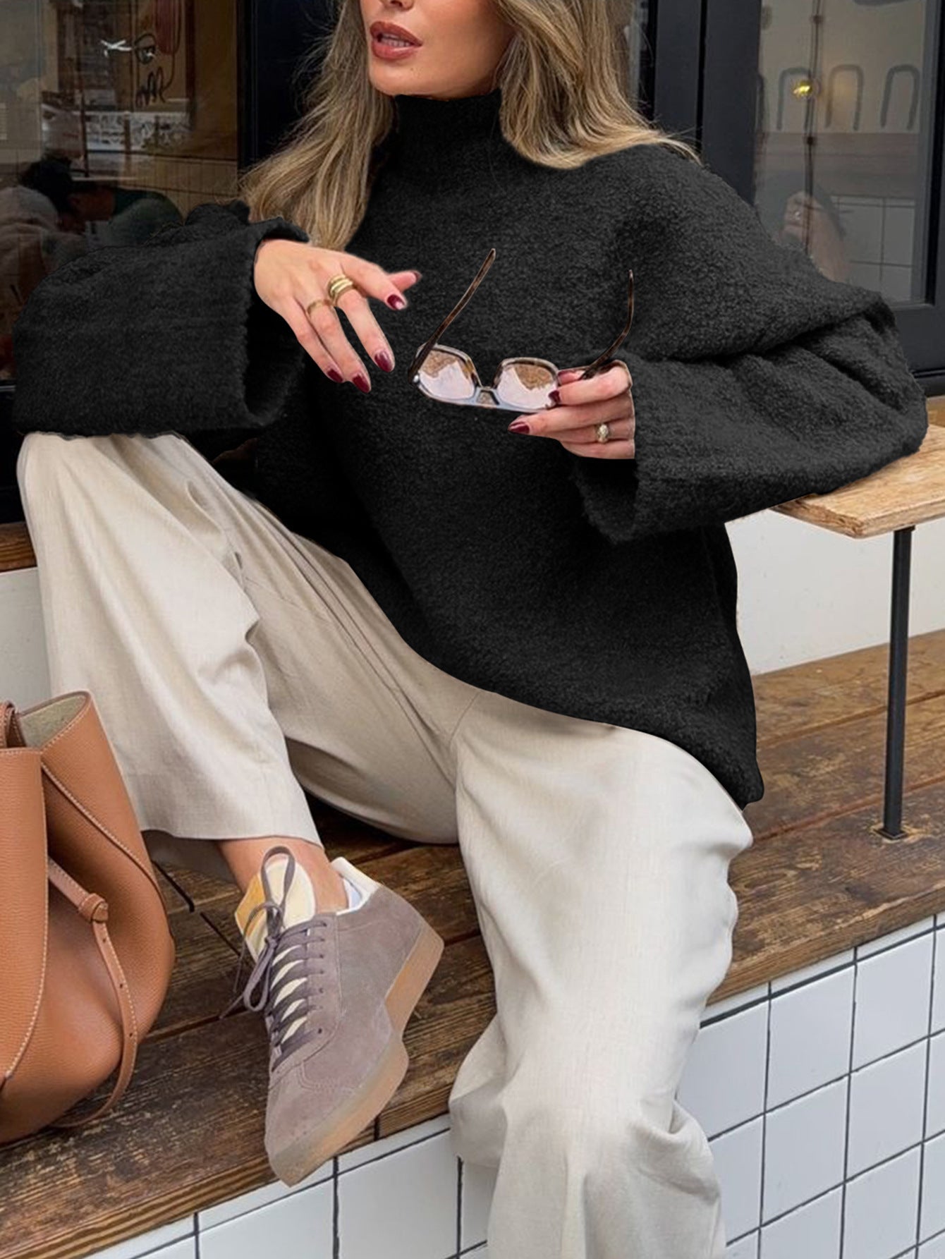 Lässiger Woll-Langarm-Mantel-Pullover Damenkleidung Herbst Winter