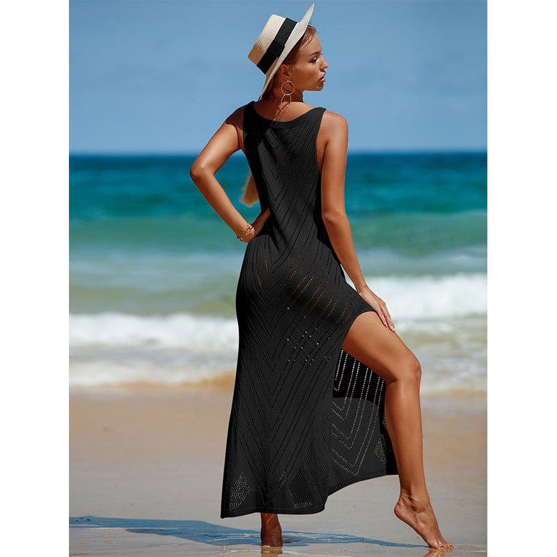 Reise Urlaub Sexy Rückenfreies V-Ausschnitt Einfarbig Atmungsaktives Gestricktes Maxikleid Strand Sonnenschutz Bluse Häkeln