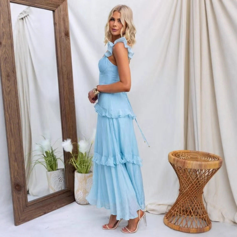 Damen Sommerkleid, einfarbig, elegant, anmutig, mit Rüschen