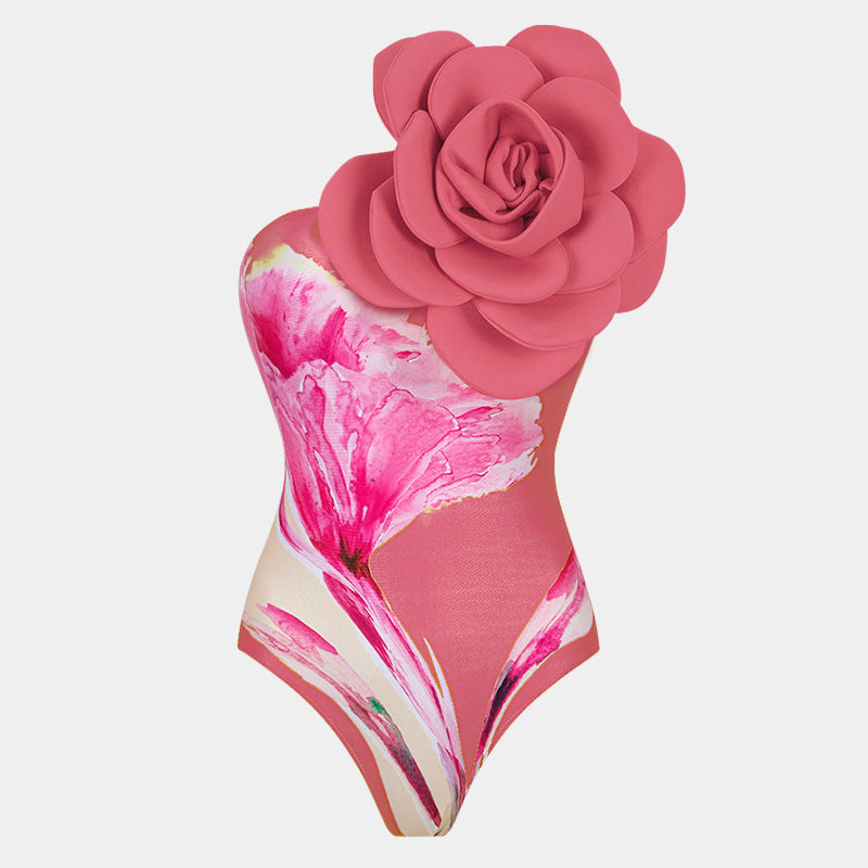 Einteiliger Badeanzug Damen Eng Anliegend Schlankmachend Großer Blumen-Blasendruck Badeanzug Outfit Chiffonkleid